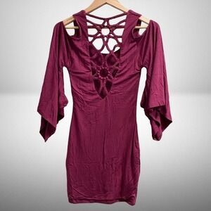 NEW Sky Burgundy Macrame Braided Back Cold Shoulder Bell Sleeve Mini Dress Small